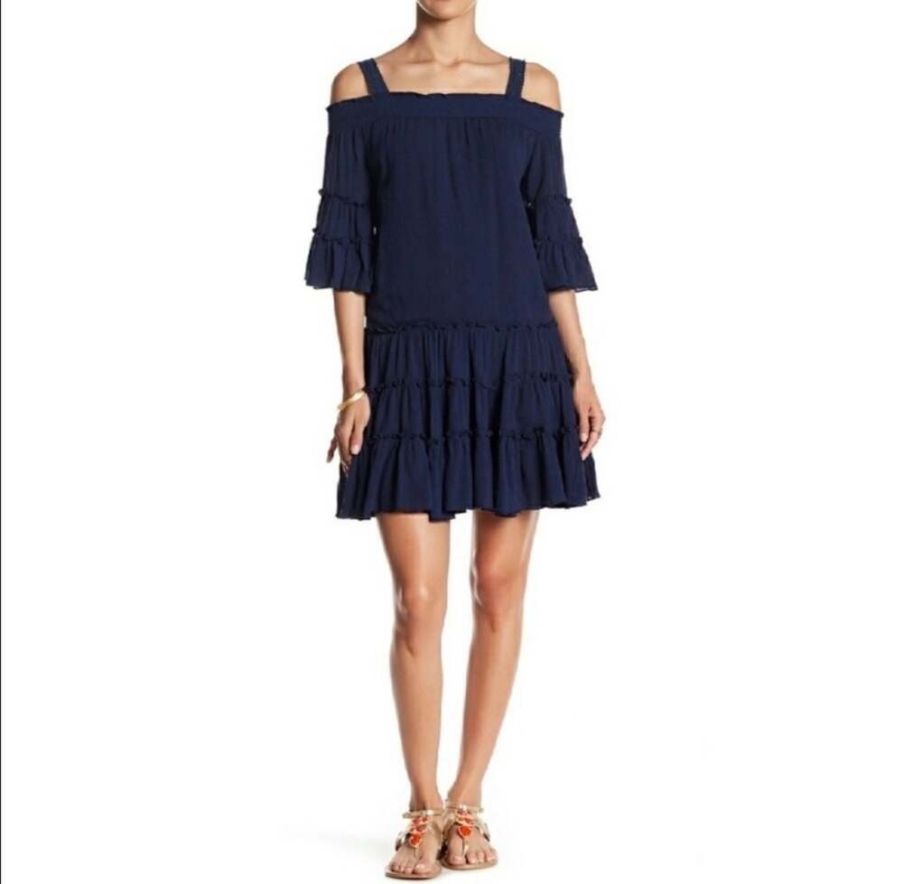 Romeo & Juliet Couture Navy Blue Off-Shoulder Ruffle Tiered Mini Shift Dress